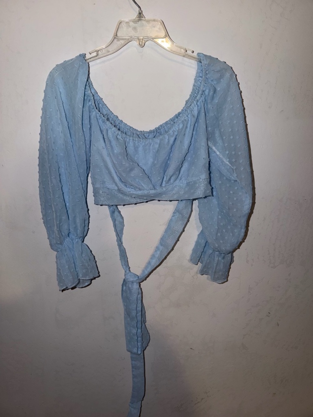 SHEIN Light Blue Swiss Dot Puff-Sleeve Tie Crop Top